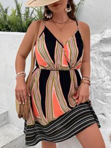 SHEIN VCAY 大碼條紋印花吊帶連衣裙 - 黑色 - 查看 1