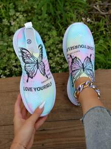 女士一腳蹬蝴蝶和標語圖案跑步鞋,運動戶外織物運動鞋