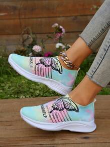 女士一腳蹬蝴蝶和標語圖案跑步鞋,運動戶外織物運動鞋