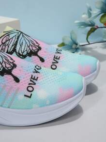 女士一腳蹬蝴蝶和標語圖案跑步鞋,運動戶外織物運動鞋