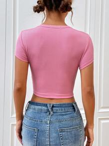 SHEIN Qutie 標語圖案短款T恤 - 粉色 - 查看 4