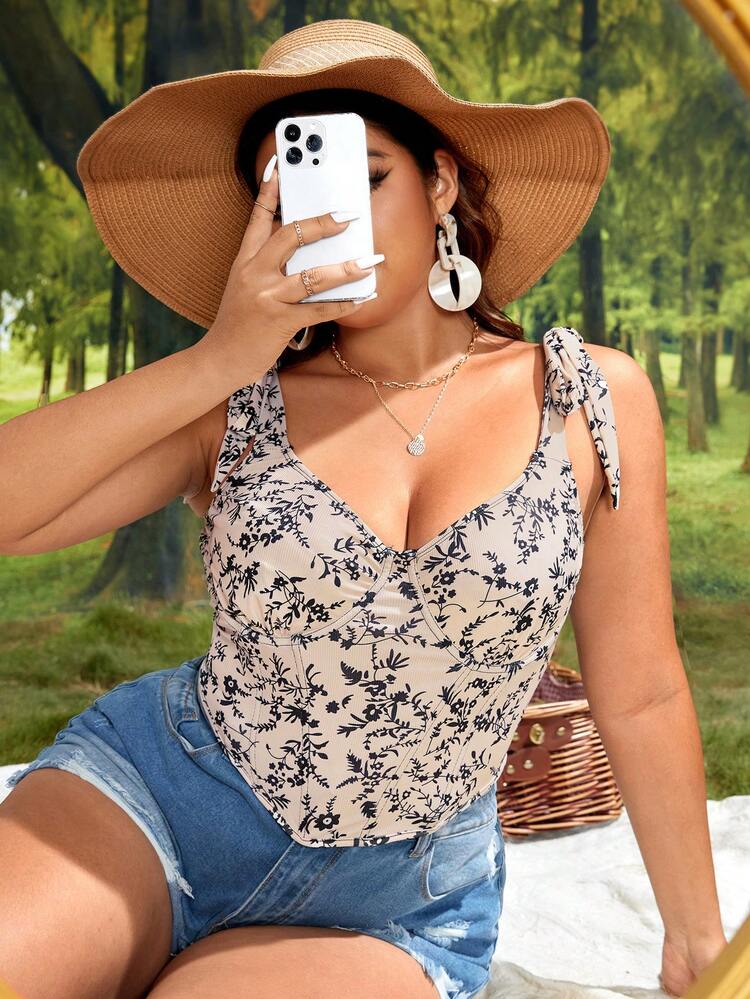 Plus Floral Print Tie Shoulder Cami Top
