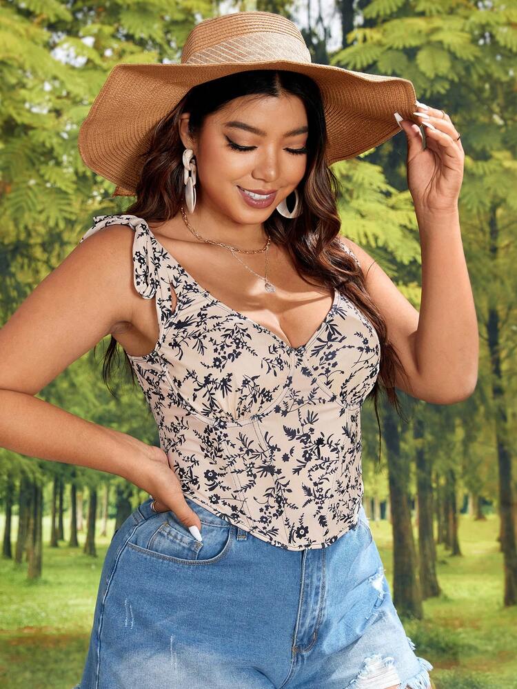 Plus Floral Print Tie Shoulder Cami Top