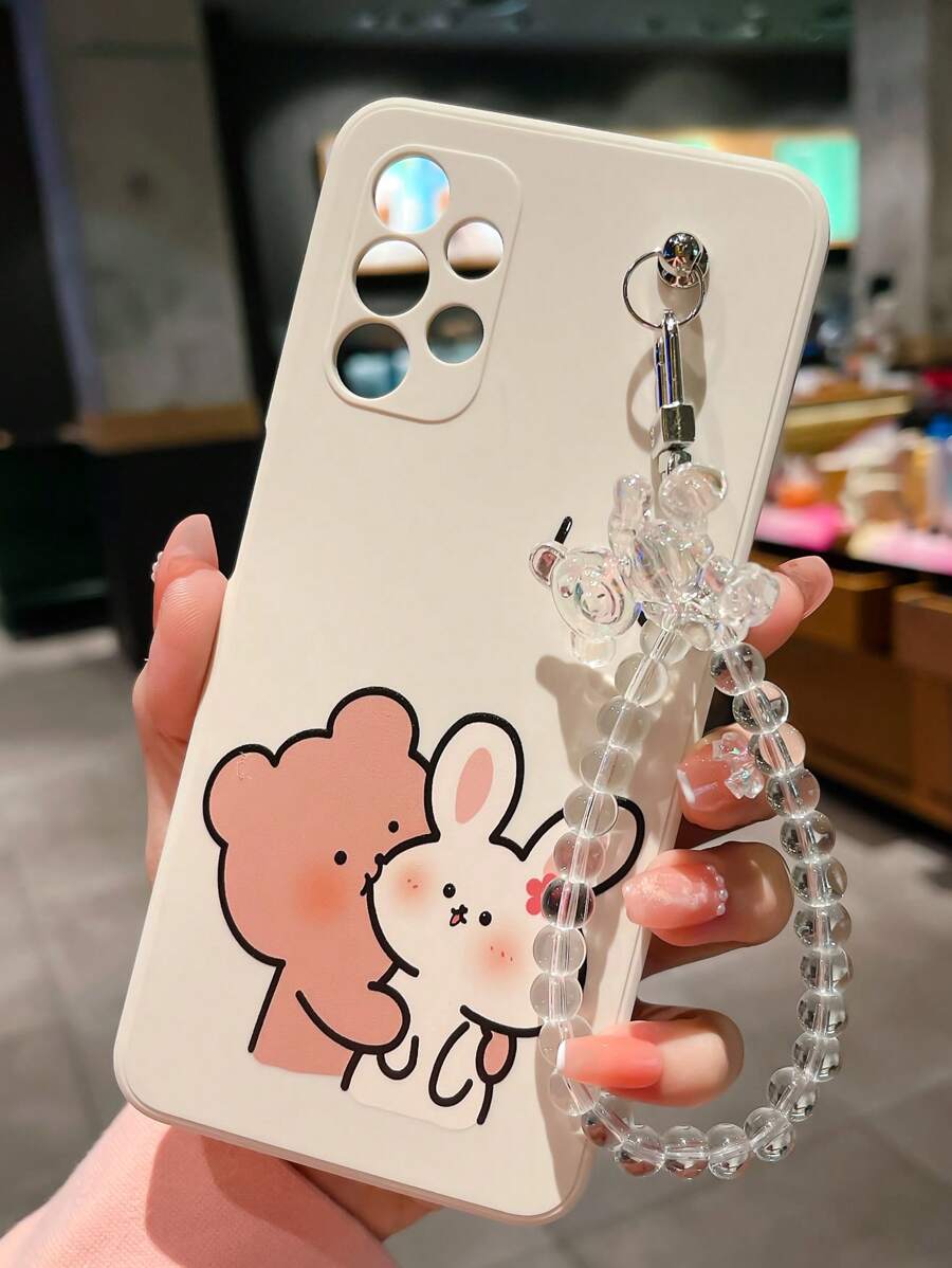 Cute Stuff 1pc Beige Tpu Phone Case With Colored Print And 1pc Transparent Phone Case With Bear Shaped Strap, Compatible With Iphone Samsung Xiaomi Huawei Oppo Phones - Multicolor - View 1