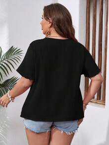 SHEIN VCAY Áo sơ mi Plus Size viền lá sen màu trơn Giải trí - màu đen - Xem 3