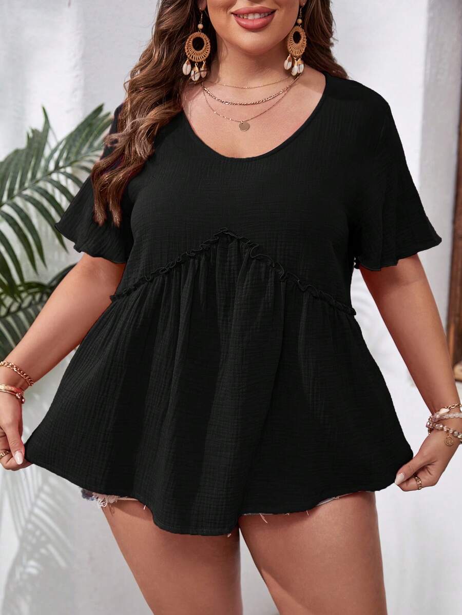 SHEIN VCAY Áo sơ mi Plus Size viền lá sen màu trơn Giải trí - màu đen - Xem 1