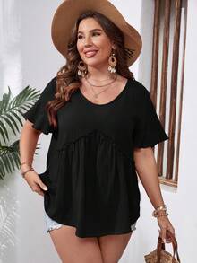 SHEIN VCAY Áo sơ mi Plus Size viền lá sen màu trơn Giải trí - màu đen - Xem 5