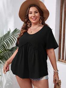 SHEIN VCAY Áo sơ mi Plus Size viền lá sen màu trơn Giải trí - màu đen - Xem 6
