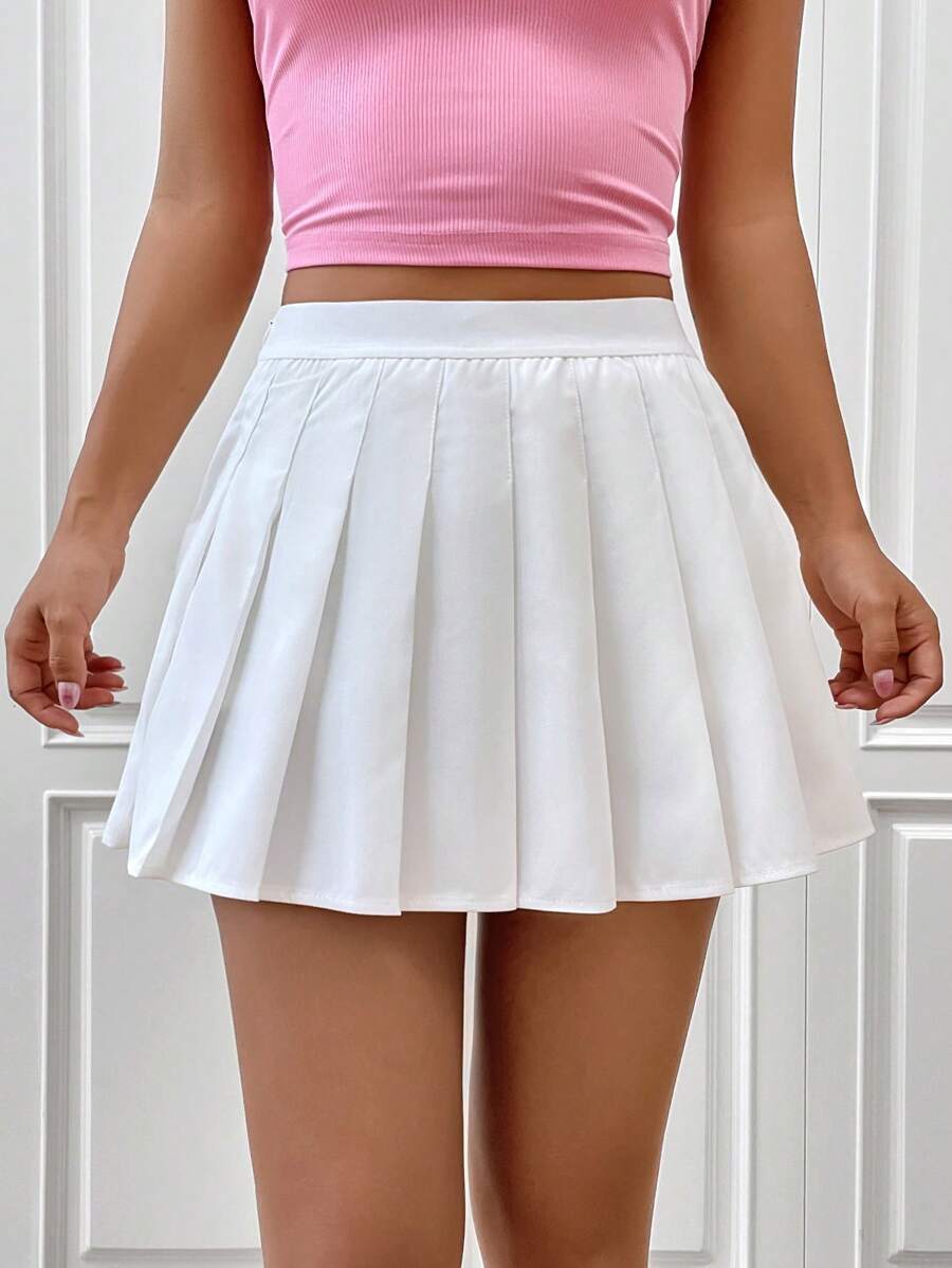 SHEIN EZwear Quần đùi nữ Xếp li Dây kéo màu trơn Giải trí - trắng - Xem 1