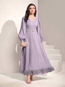 Modelyn Đầm Nút Tương phản lông thú giả Chia Dây kéo màu trơn Thanh lịch - Màu Lilac Tím - Xem 4