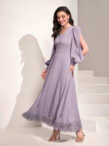 Modelyn Đầm Nút Tương phản lông thú giả Chia Dây kéo màu trơn Thanh lịch - Màu Lilac Tím - Xem 1