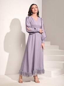 Modelyn Đầm Nút Tương phản lông thú giả Chia Dây kéo màu trơn Thanh lịch - Màu Lilac Tím - Xem 3