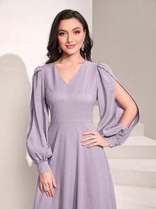 Modelyn Đầm Nút Tương phản lông thú giả Chia Dây kéo màu trơn Thanh lịch - Màu Lilac Tím - Xem 5