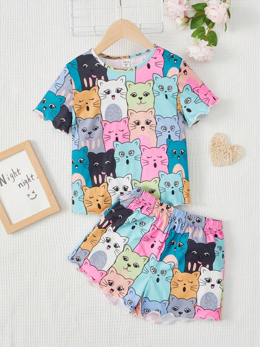 SHEIN Tween Girl Cartoon Graphic Tee & Shorts PJ Set - Multicolor - View 1