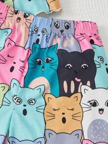 SHEIN Tween Girl Cartoon Graphic Tee & Shorts PJ Set - Multicolor - View 3