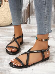 女士黑色時尚戶外平底綁帶涼鞋 - 黑色 - 查看 2