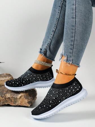 Women's Road Running Shoes, Best For Yoga Fabric Upper With Rhinestone Embellishment, Slip-On Style, Fashionable And Casual Sports Shoes
