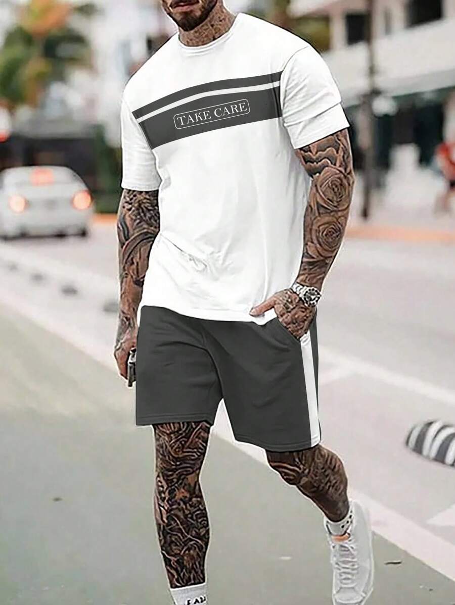 Men Letter Graphic Tee & Shorts Set - Multicolor - View 1