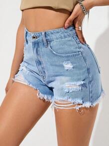 SHEIN EZwear Ripped Raw Hem Denim Shorts - Light Wash - View 1