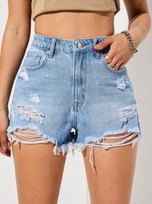SHEIN EZwear Ripped Raw Hem Denim Shorts - Light Wash - View 4