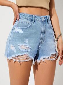 SHEIN EZwear Ripped Raw Hem Denim Shorts - Light Wash - View 5