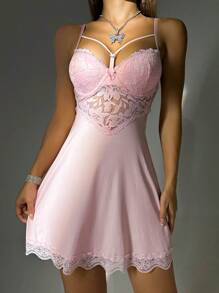 Contrast Lace Mesh Slips - Baby Pink - View 3