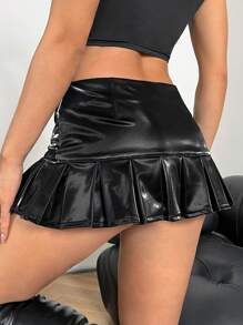 SHEIN ICON 低腰翻腰百褶下擺PU皮革半身裙 - 黑色 - 查看 2