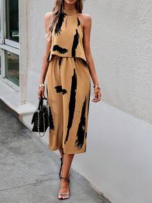 SHEIN Privé 筆刷圖案繞頸露背連衣裙 - 卡其色 - 查看 4