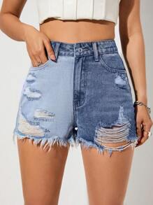 SHEIN EZwear Two Tone Ripped Raw Hem Denim Shorts - Multicolor - View 1