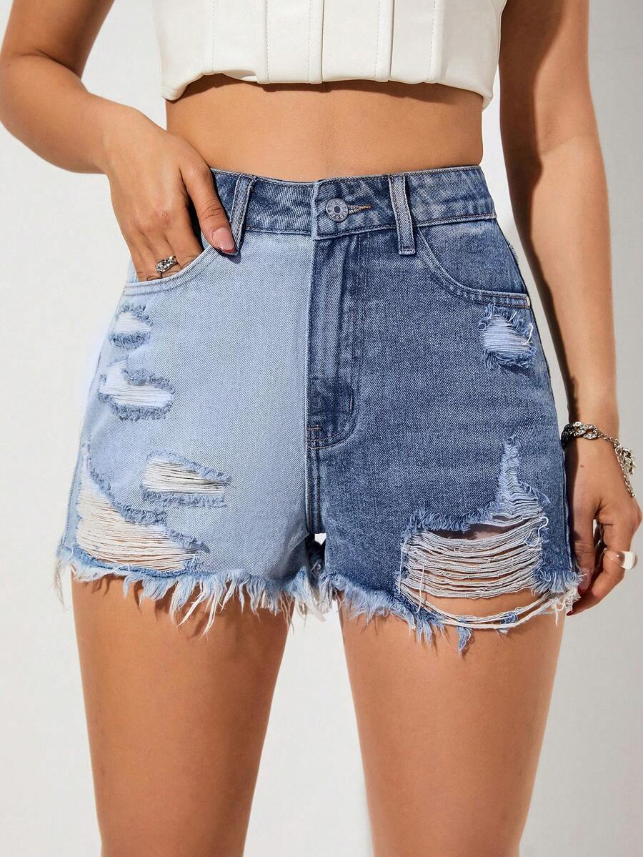 SHEIN EZwear Two Tone Ripped Raw Hem Denim Shorts - Multicolor - View 1