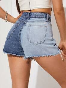 SHEIN EZwear Two Tone Ripped Raw Hem Denim Shorts - Multicolor - View 2