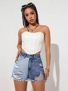 SHEIN EZwear Two Tone Ripped Raw Hem Denim Shorts - Multicolor - View 3