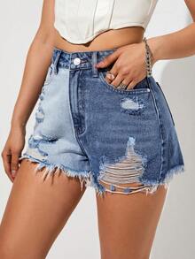 SHEIN EZwear Two Tone Ripped Raw Hem Denim Shorts - Multicolor - View 4