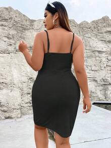 SHEIN Allurite Đầm Plus Size Dây kéo Xù màu trơn Giải trí - màu đen - Xem 2