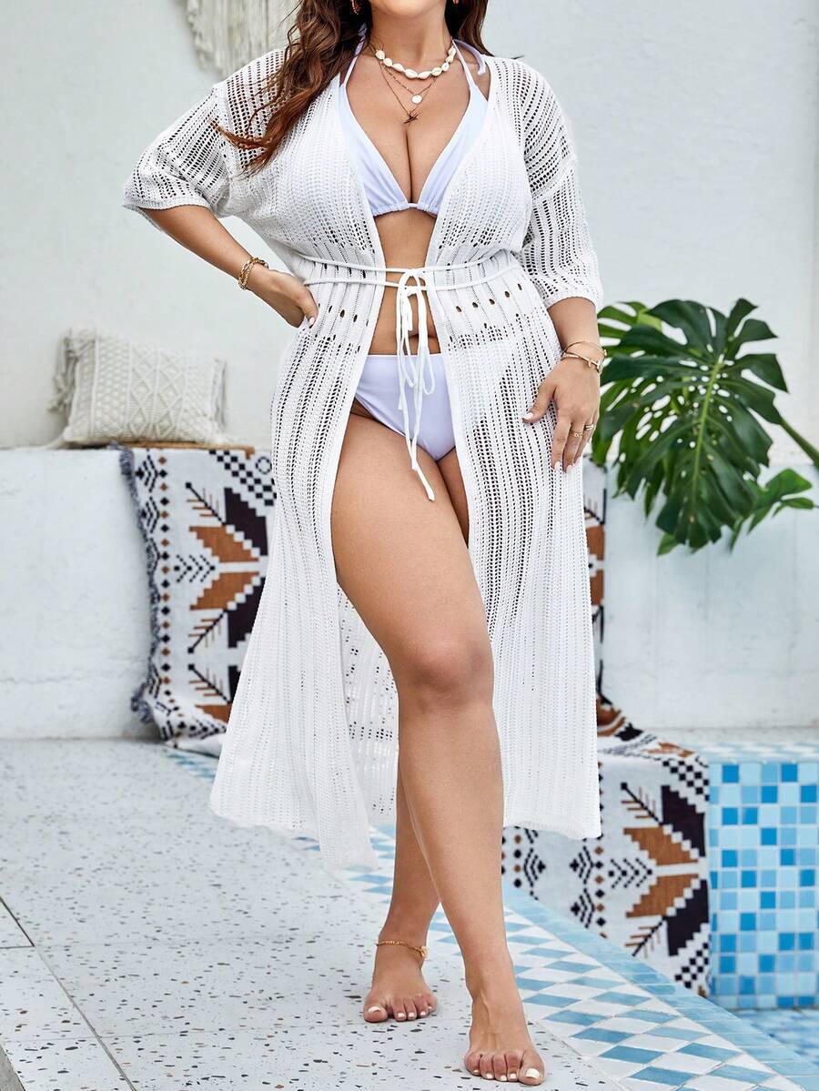 Plus Hollow Out Tie Front Kimono - White - View 1