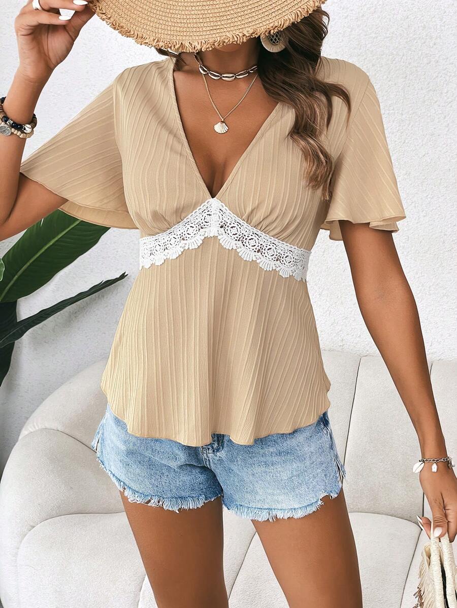 SHEIN LUNE Contrast Lace Butterfly Sleeve Peplum Blouse - Khaki - View 1