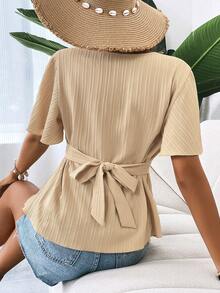SHEIN LUNE Contrast Lace Butterfly Sleeve Peplum Blouse - Khaki - View 2
