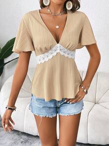 SHEIN LUNE Contrast Lace Butterfly Sleeve Peplum Blouse - Khaki - View 3