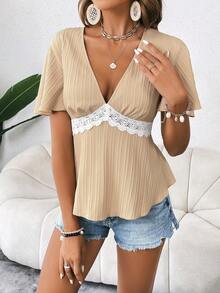 SHEIN LUNE Contrast Lace Butterfly Sleeve Peplum Blouse - Khaki - View 4