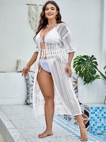 Plus Hollow Out Tie Front Kimono - White - View 5