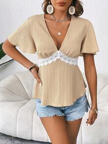 SHEIN LUNE Contrast Lace Butterfly Sleeve Peplum Blouse - Khaki - View 5