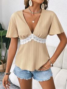 SHEIN LUNE Contrast Lace Butterfly Sleeve Peplum Blouse - Khaki - View 6