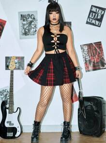 ROMWE PUNK Plus Lace Up Front One Shoulder Top, Summer - Black - View 4