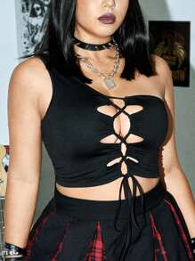 ROMWE PUNK Plus Lace Up Front One Shoulder Top, Summer - Black - View 1