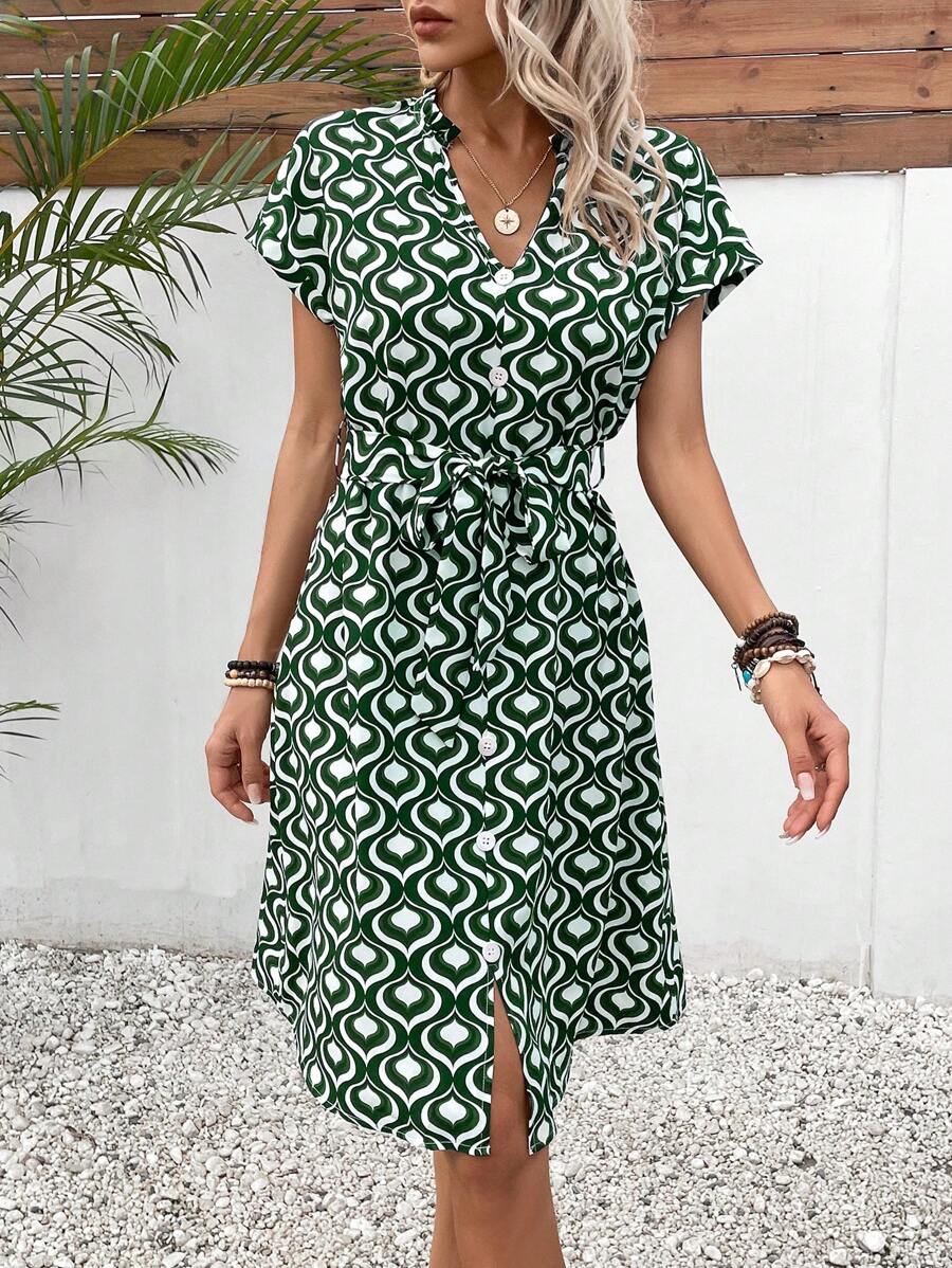 SHEIN LUNE Đầm Thắt lưng Nút phía trước Tất cả trên in Giải trí - Nhiều màu - Xem 1