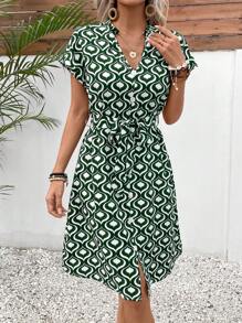 SHEIN LUNE Đầm Thắt lưng Nút phía trước Tất cả trên in Giải trí - Nhiều màu - Xem 3