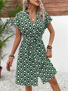 SHEIN LUNE Đầm Thắt lưng Nút phía trước Tất cả trên in Giải trí - Nhiều màu - Xem 5