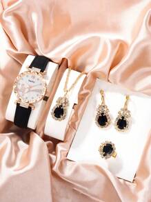 inschi c 1 Miếng Đen PU Polyurethane Dây đeo Duyên dáng Hình trái tim Đồ trang trí Rhinestone Tròn Quay số đồng hồ Quartz & 4pcs Bộ trang sức , Đối với Cuộc sống hàng ngày - màu đen - Xem 1