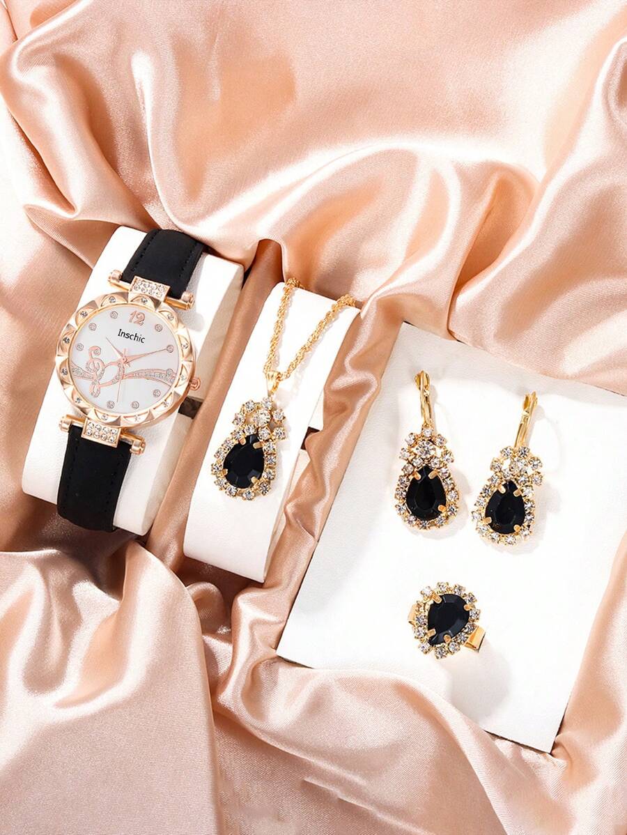 inschi c 1 Miếng Đen PU Polyurethane Dây đeo Duyên dáng Hình trái tim Đồ trang trí Rhinestone Tròn Quay số đồng hồ Quartz & 4pcs Bộ trang sức , Đối với Cuộc sống hàng ngày - màu đen - Xem 1