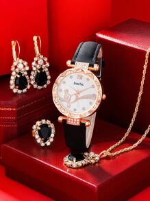 inschi c 1 Miếng Đen PU Polyurethane Dây đeo Duyên dáng Hình trái tim Đồ trang trí Rhinestone Tròn Quay số đồng hồ Quartz & 4pcs Bộ trang sức , Đối với Cuộc sống hàng ngày - màu đen - Xem 2